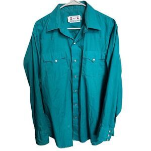 H Bar C Western Shirt Size 16 1/2 - 35 Pearl Snaps Long Sleeve Teal Green Made I